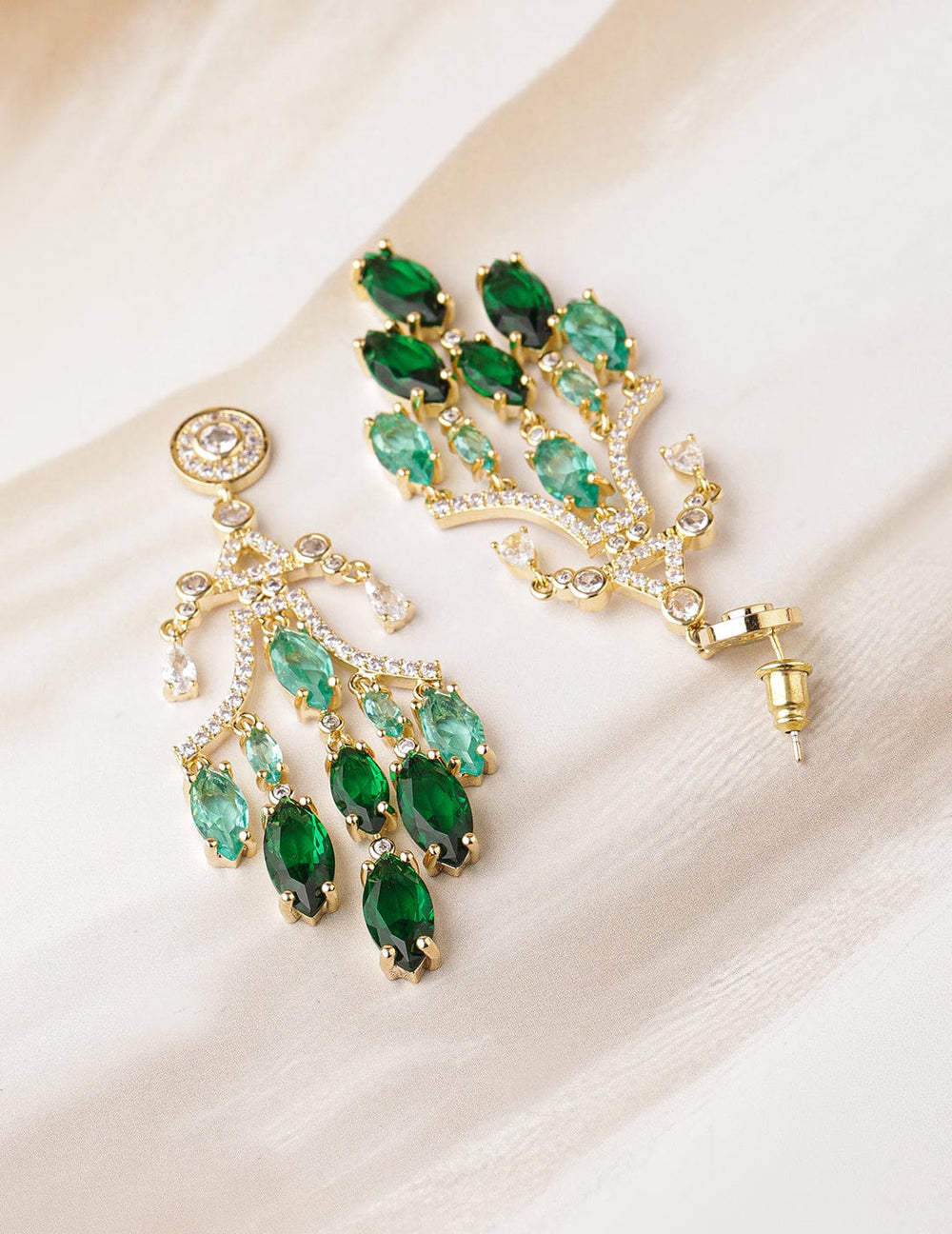 22K Gold-Plated Emerald & Aqua Green AD & Cubic Zirconia Studded Chandelier Earrings Chandbalis