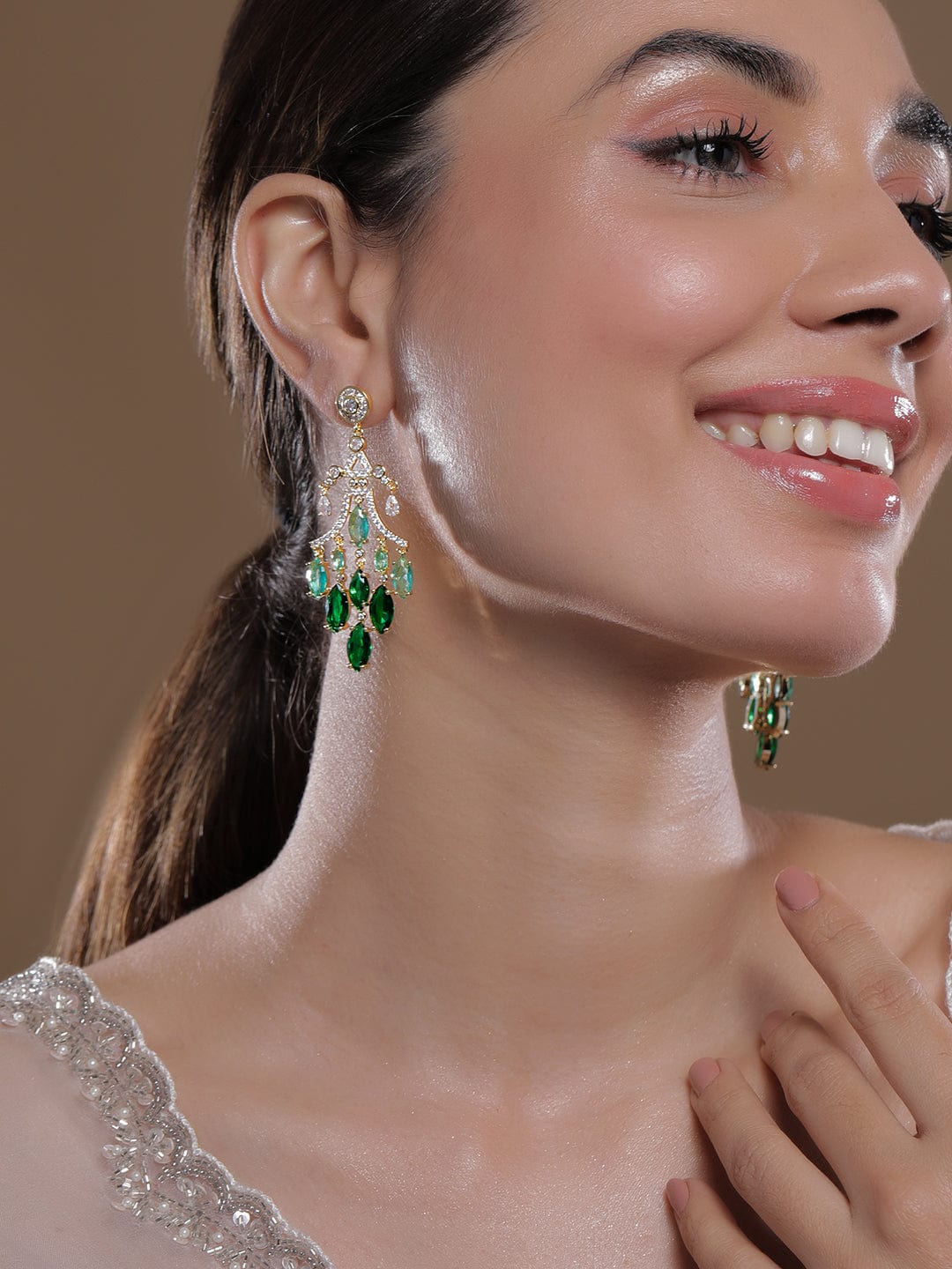 22K Gold-Plated Emerald & Aqua Green AD & Cubic Zirconia Studded Chandelier Earrings Chandbalis