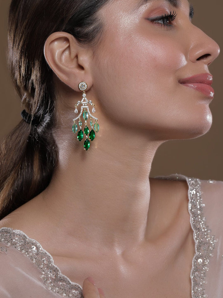 22K Gold-Plated Emerald & Aqua Green AD & Cubic Zirconia Studded Chandelier Earrings Chandbalis