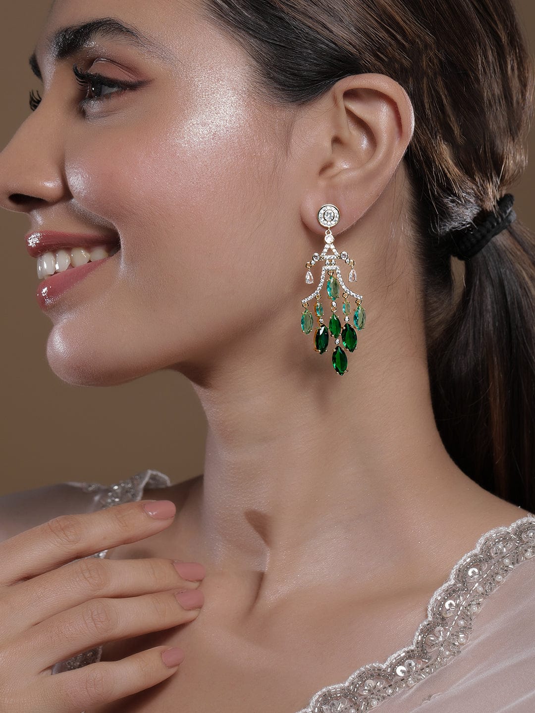 22K Gold-Plated Emerald & Aqua Green AD & Cubic Zirconia Studded Chandelier Earrings Chandbalis