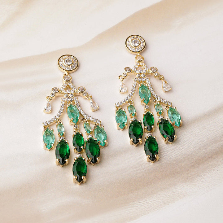 22K Gold-Plated Emerald & Aqua Green AD & Cubic Zirconia Studded Chandelier Earrings Chandbalis