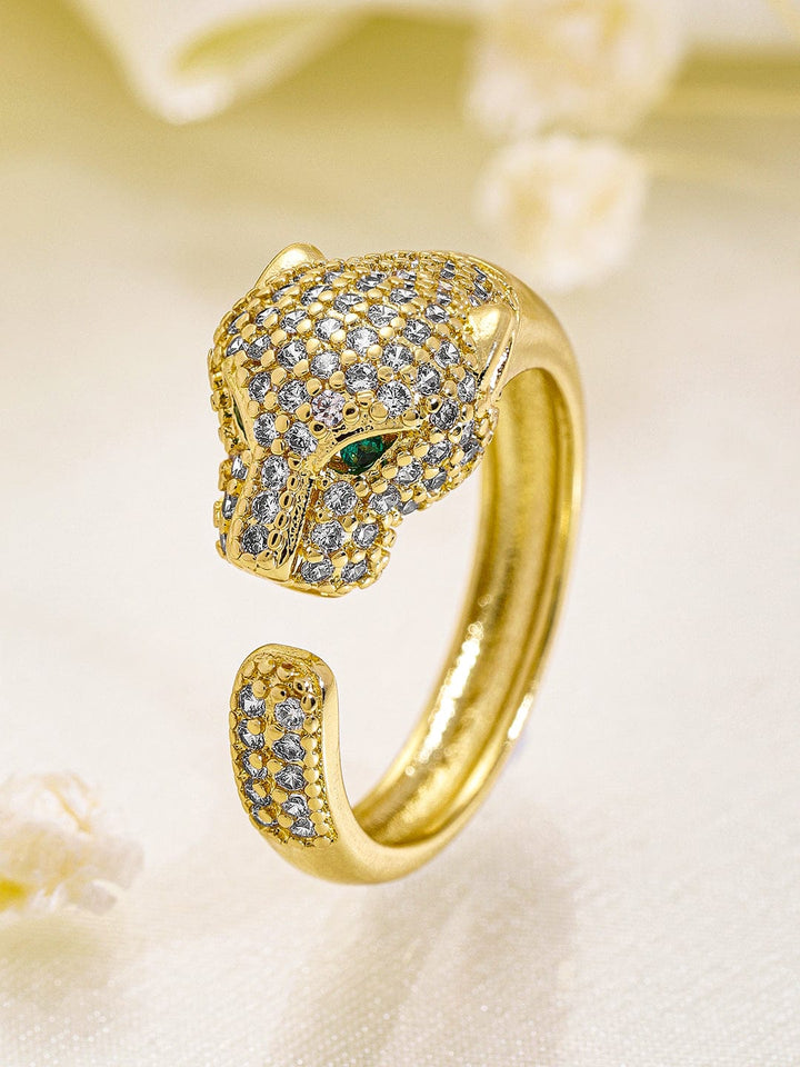 22K Gold Plated Emerald & Cubic Zirconia Studded Panther Motif Adjustable Finger Ring Finger Ring