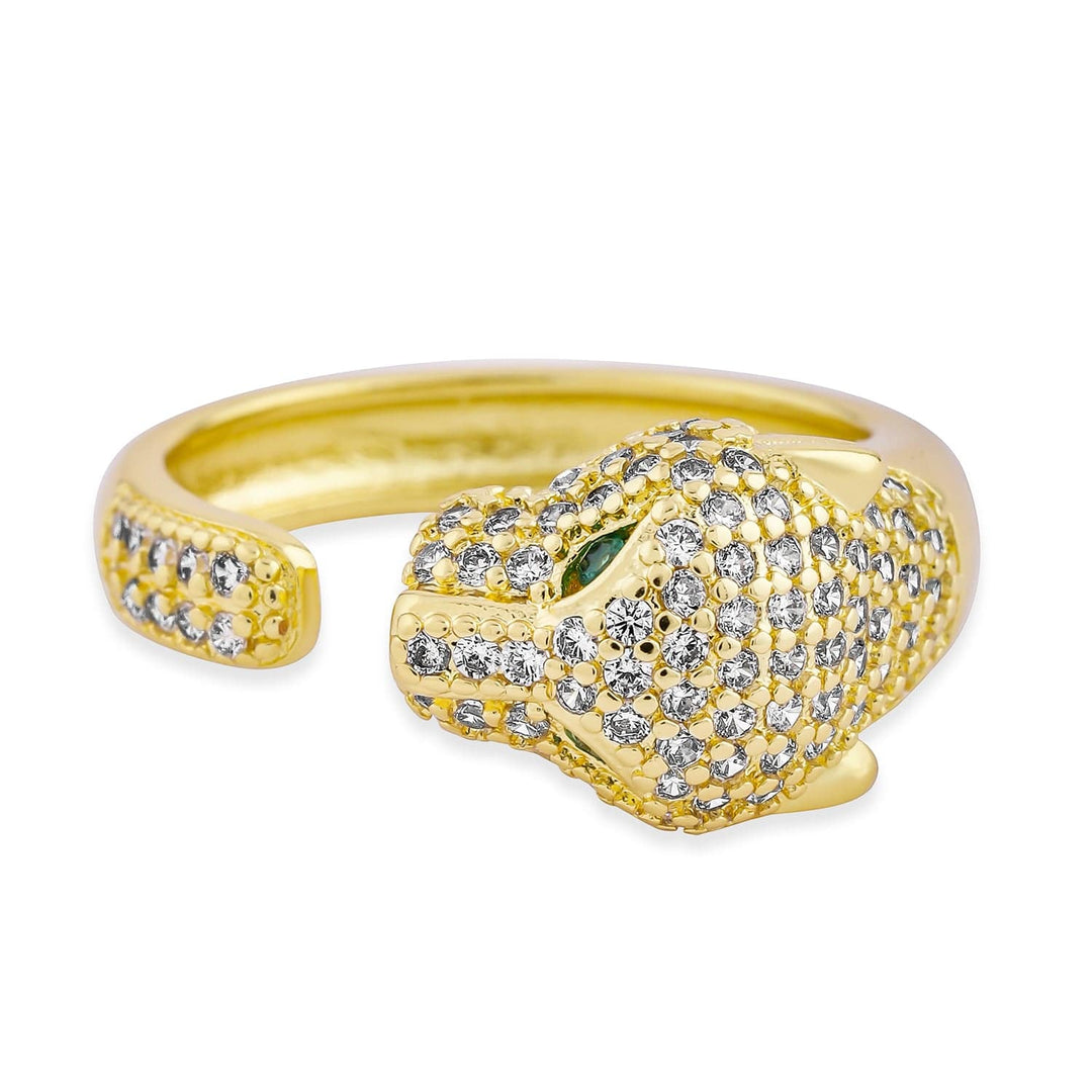 22K Gold Plated Emerald & Cubic Zirconia Studded Panther Motif Adjustable Finger Ring Finger Ring