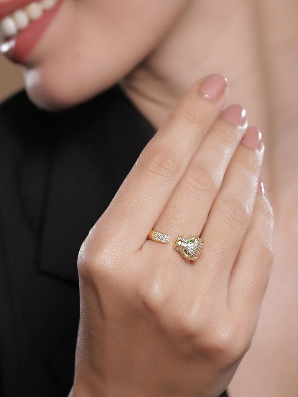 22K Gold Plated Emerald & Cubic Zirconia Studded Panther Motif Adjustable Finger Ring Rings