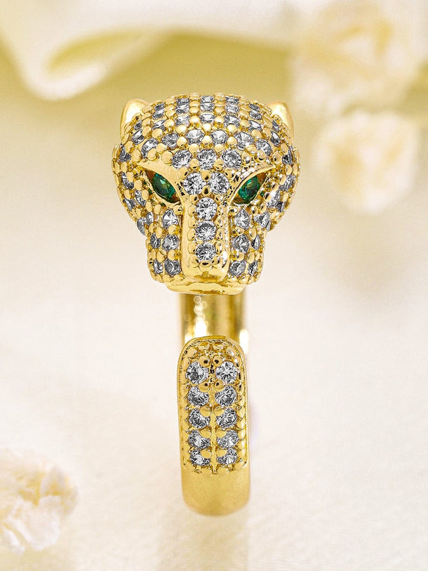 22K Gold Plated Emerald & Cubic Zirconia Studded Panther Motif Adjustable Finger Ring Rings