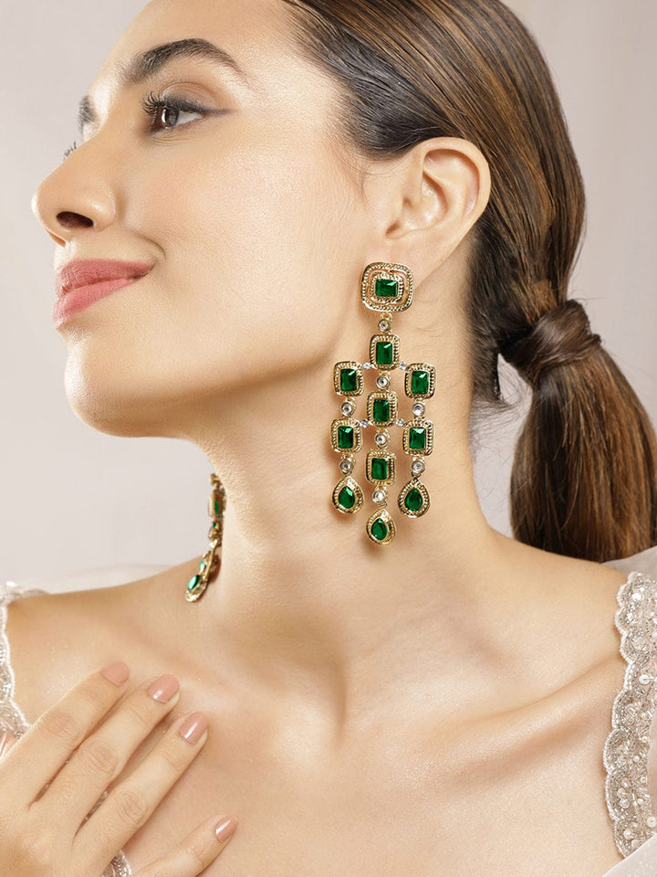 22K Gold-Plated Emerald Green Gemstone Studded Chandelier Earrings Chandbalis