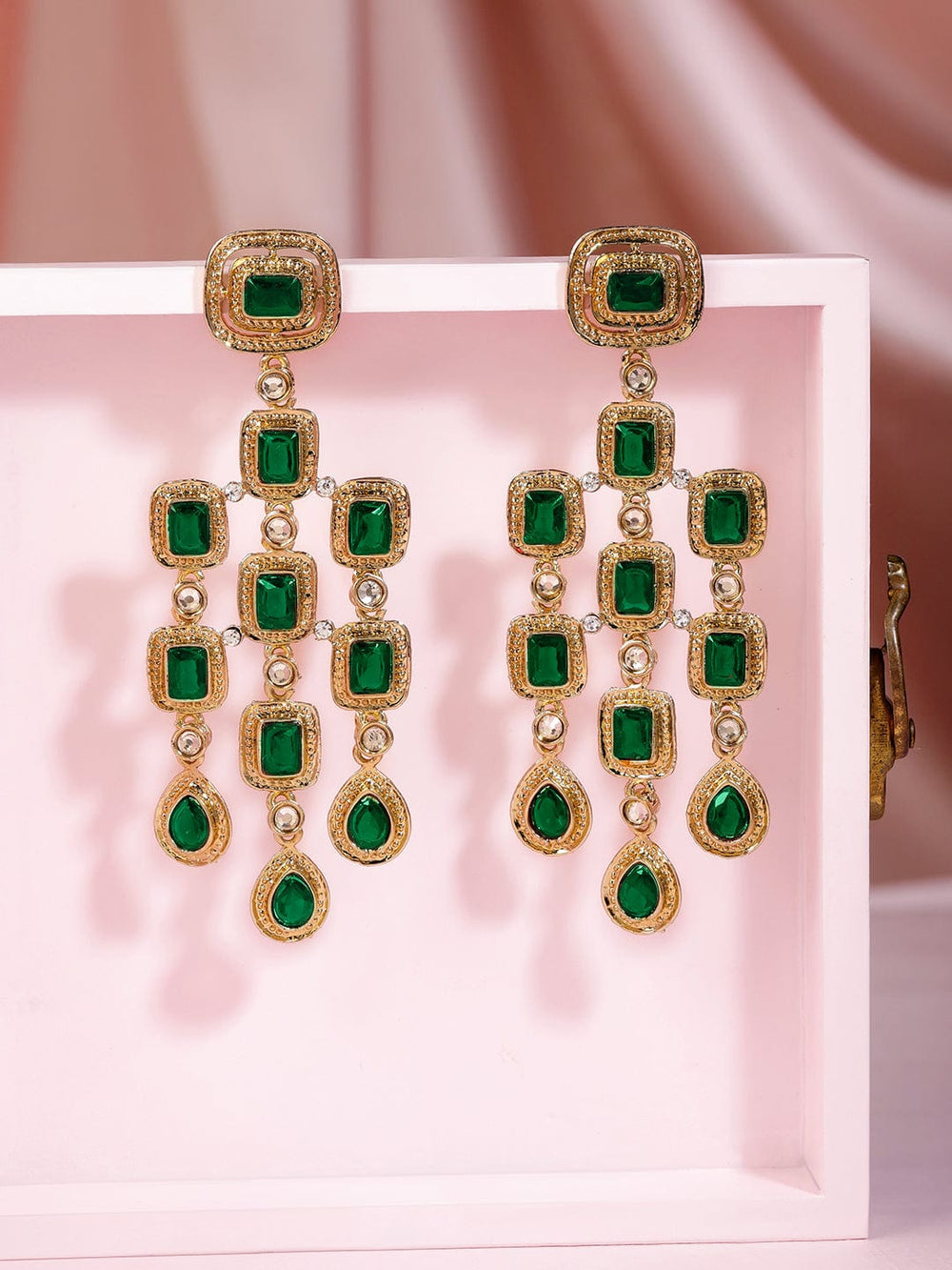 22K Gold-Plated Emerald Green Gemstone Studded Chandelier Earrings Chandbalis