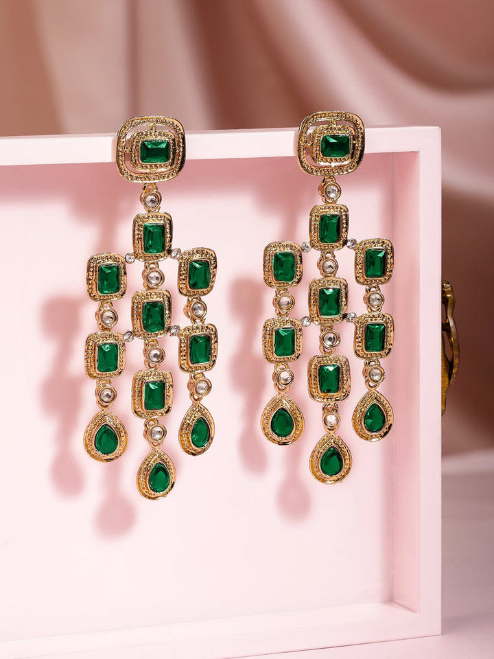 22K Gold-Plated Emerald Green Gemstone Studded Chandelier Earrings Chandbalis