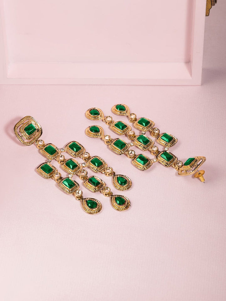 22K Gold-Plated Emerald Green Gemstone Studded Chandelier Earrings Chandbalis