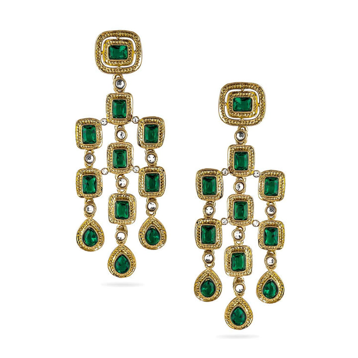 22K Gold-Plated Emerald Green Gemstone Studded Chandelier Earrings Chandbalis