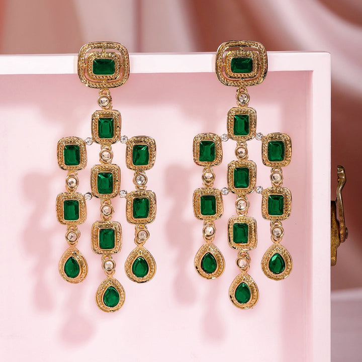 22K Gold-Plated Emerald Green Gemstone Studded Chandelier Earrings Chandbalis