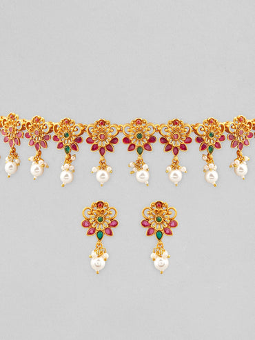 22K Gold-Plated Emerald & Ruby Pink Studded Flora Detail Jewellery Set with Pearl Drops Jewellery Set