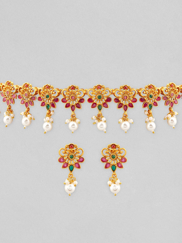 22K Gold-Plated Emerald & Ruby Pink Studded Flora Detail Jewellery Set with Pearl Drops Jewellery Set