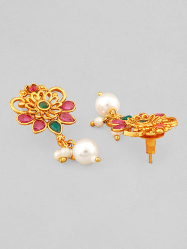 22K Gold-Plated Emerald & Ruby Pink Studded Flora Detail Jewellery Set with Pearl Drops Jewellery Set