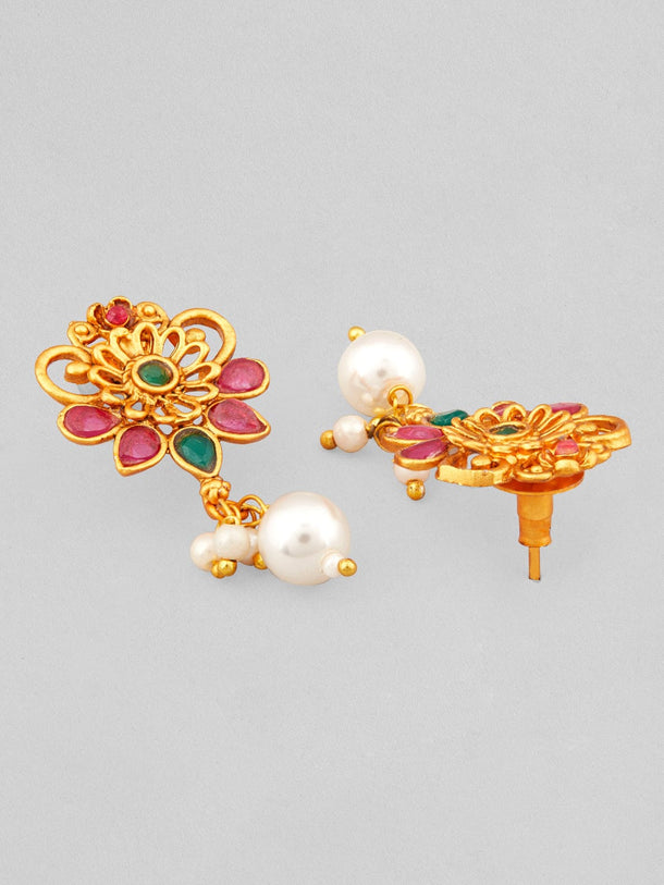22K Gold-Plated Emerald & Ruby Pink Studded Flora Detail Jewellery Set with Pearl Drops Jewellery Set