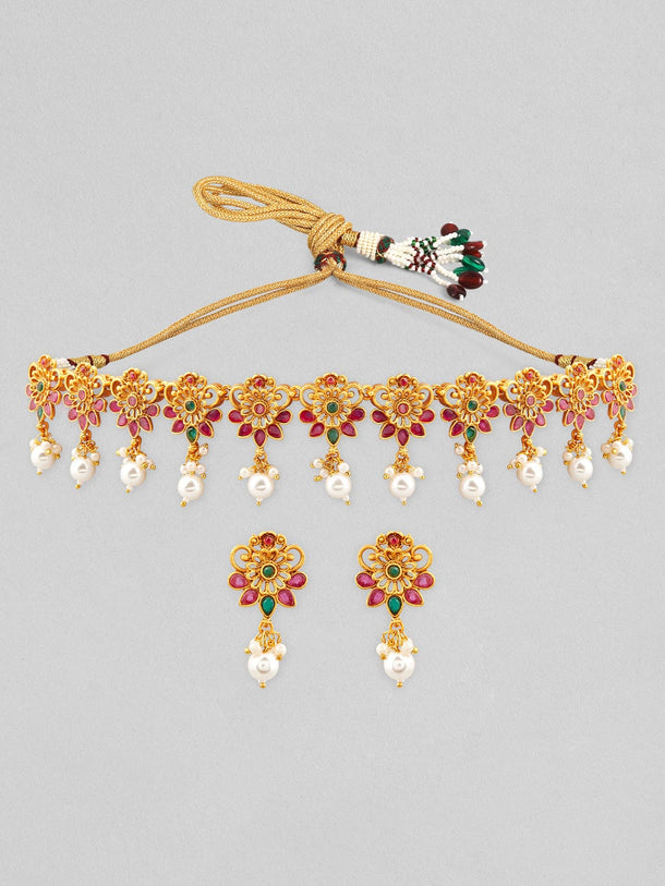 22K Gold-Plated Emerald & Ruby Pink Studded Flora Detail Jewellery Set with Pearl Drops Jewellery Set