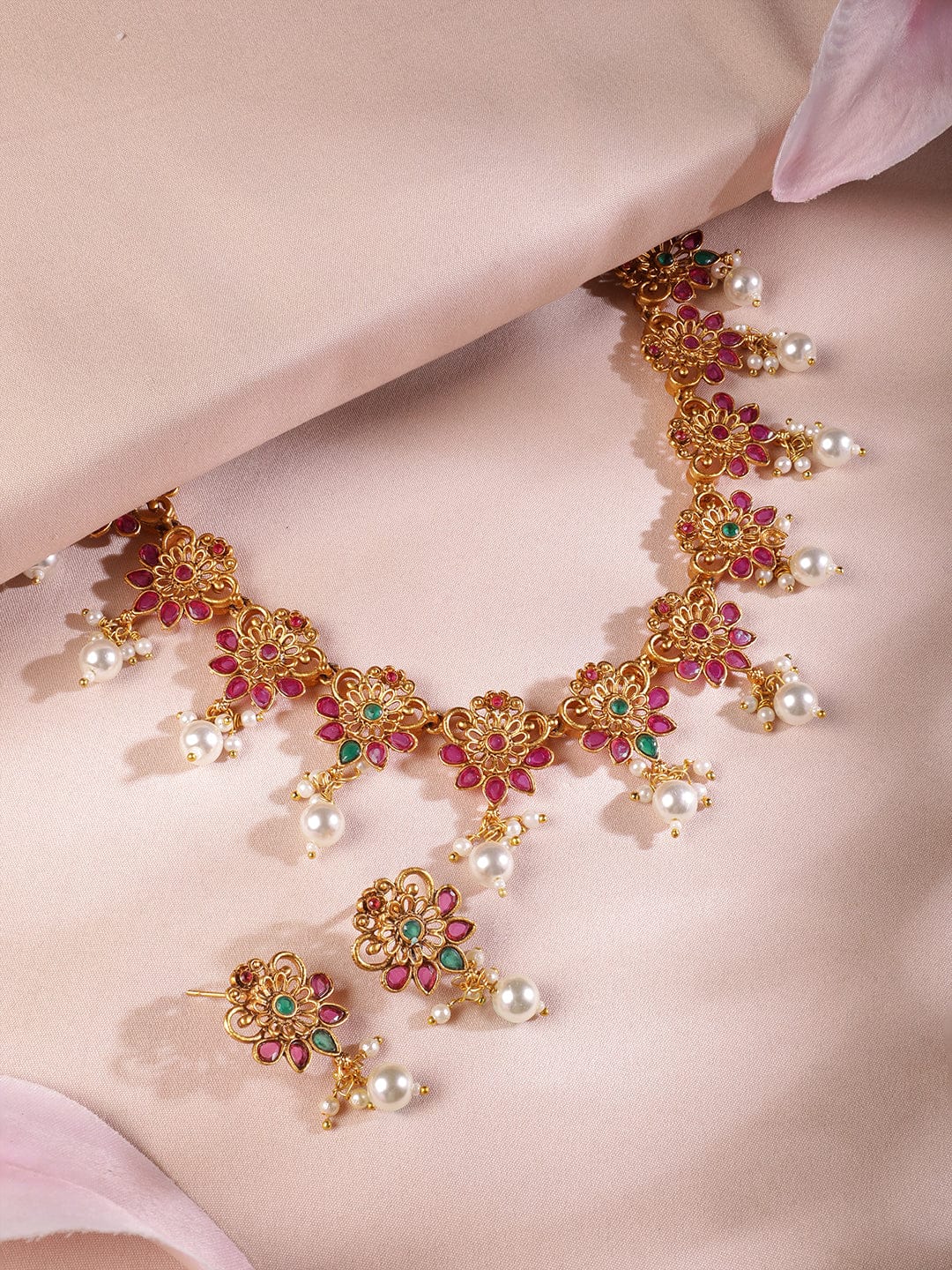 22K Gold-Plated Emerald & Ruby Pink Studded Flora Detail Jewellery Set with Pearl Drops Necklace Set