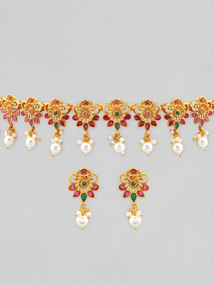 22K Gold-Plated Emerald & Ruby Pink Studded Flora Detail Jewellery Set with Pearl Drops Necklace Set