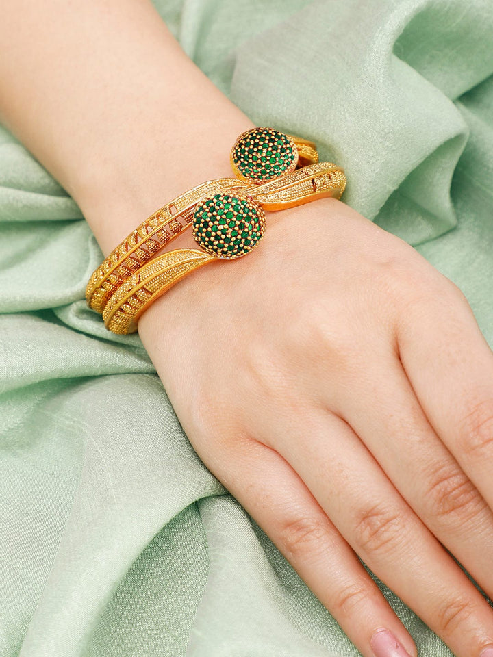 22K Gold Plated Emerald Stone Studded Set of 2 Bangles Bangles & Bracelets