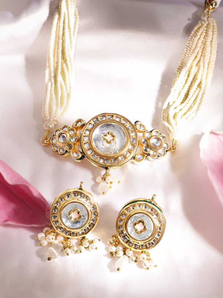 22K Gold plated Enamel And Kundan crystal with pearl beaded choker Necklace Set Jewellery Sets
