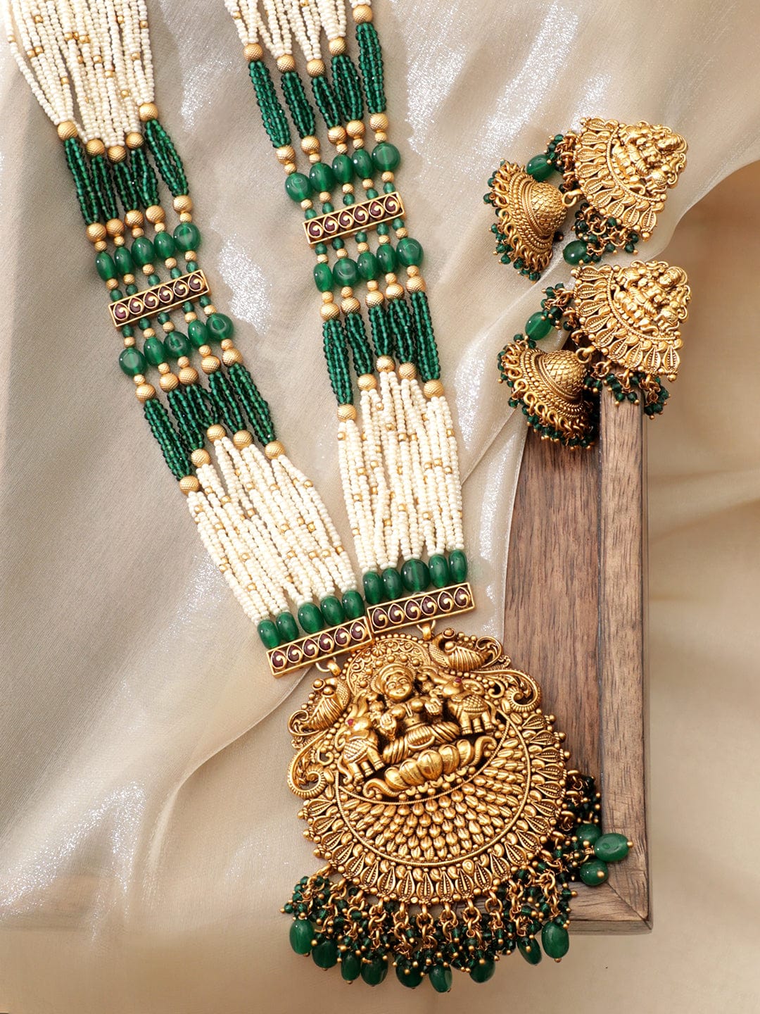 Rubans 22k Gold plated Green & Pearl beaded handcrafted temple long ne