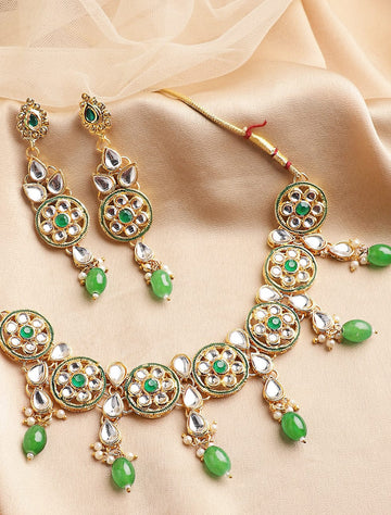 22K Gold-Plated Green & White Beaded Kundan Studded Choker Jewellery Set Jewellery Set