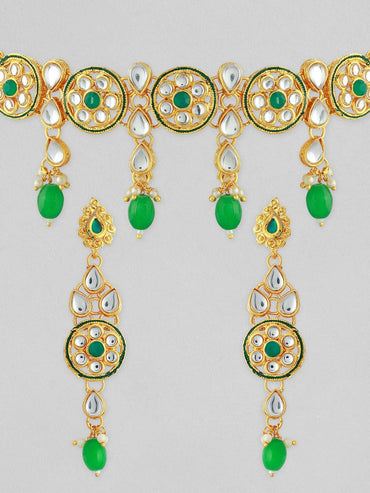 22K Gold-Plated Green & White Beaded Kundan Studded Choker Jewellery Set Jewellery Set