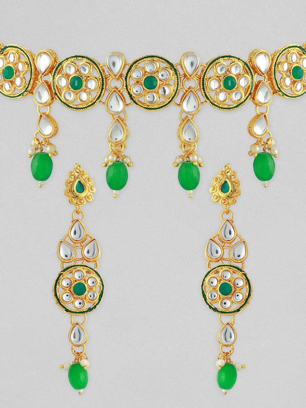 22K Gold-Plated Green & White Beaded Kundan Studded Choker Jewellery Set Jewellery Set