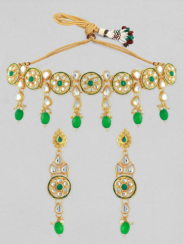 22K Gold-Plated Green & White Beaded Kundan Studded Choker Jewellery Set Jewellery Set