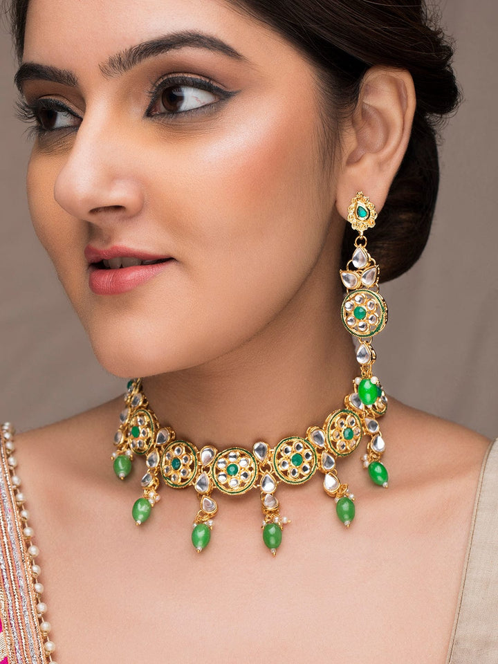 22K Gold-Plated Green & White Beaded Kundan Studded Choker Jewellery Set Necklace Set