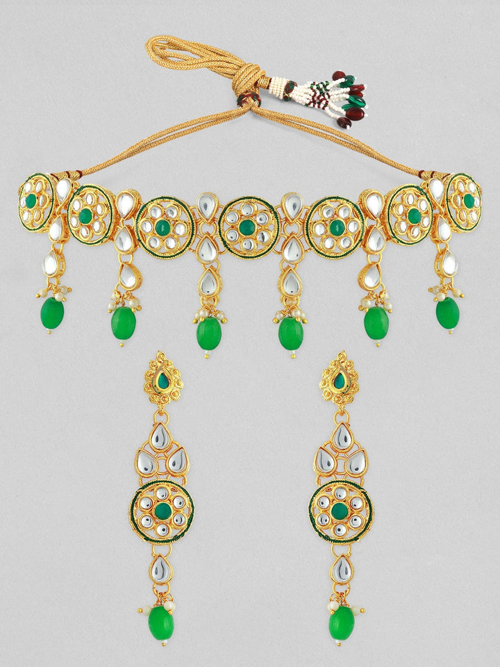 22K Gold-Plated Green & White Beaded Kundan Studded Choker Jewellery Set Necklace Set