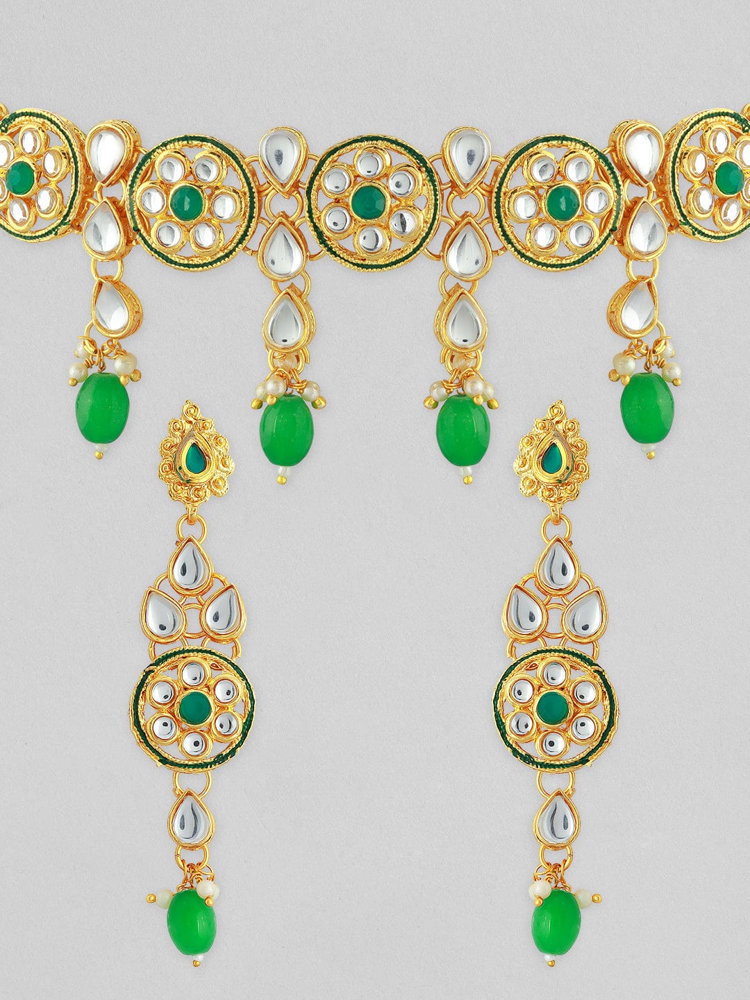 22K Gold-Plated Green & White Beaded Kundan Studded Choker Jewellery Set Necklace Set