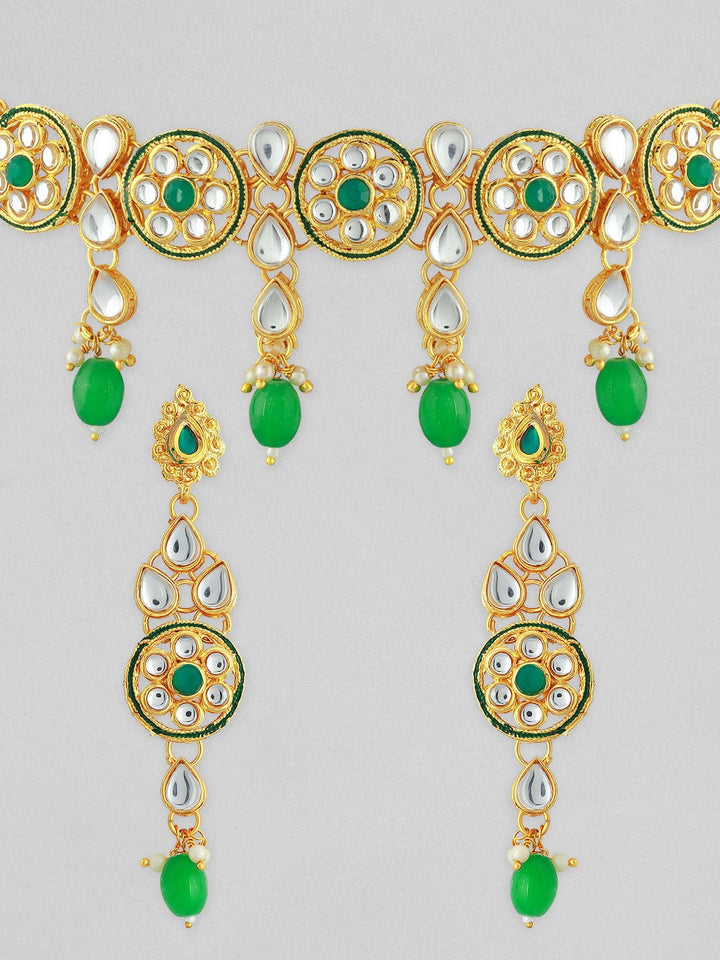 22K Gold-Plated Green & White Beaded Kundan Studded Choker Jewellery Set Necklace Set