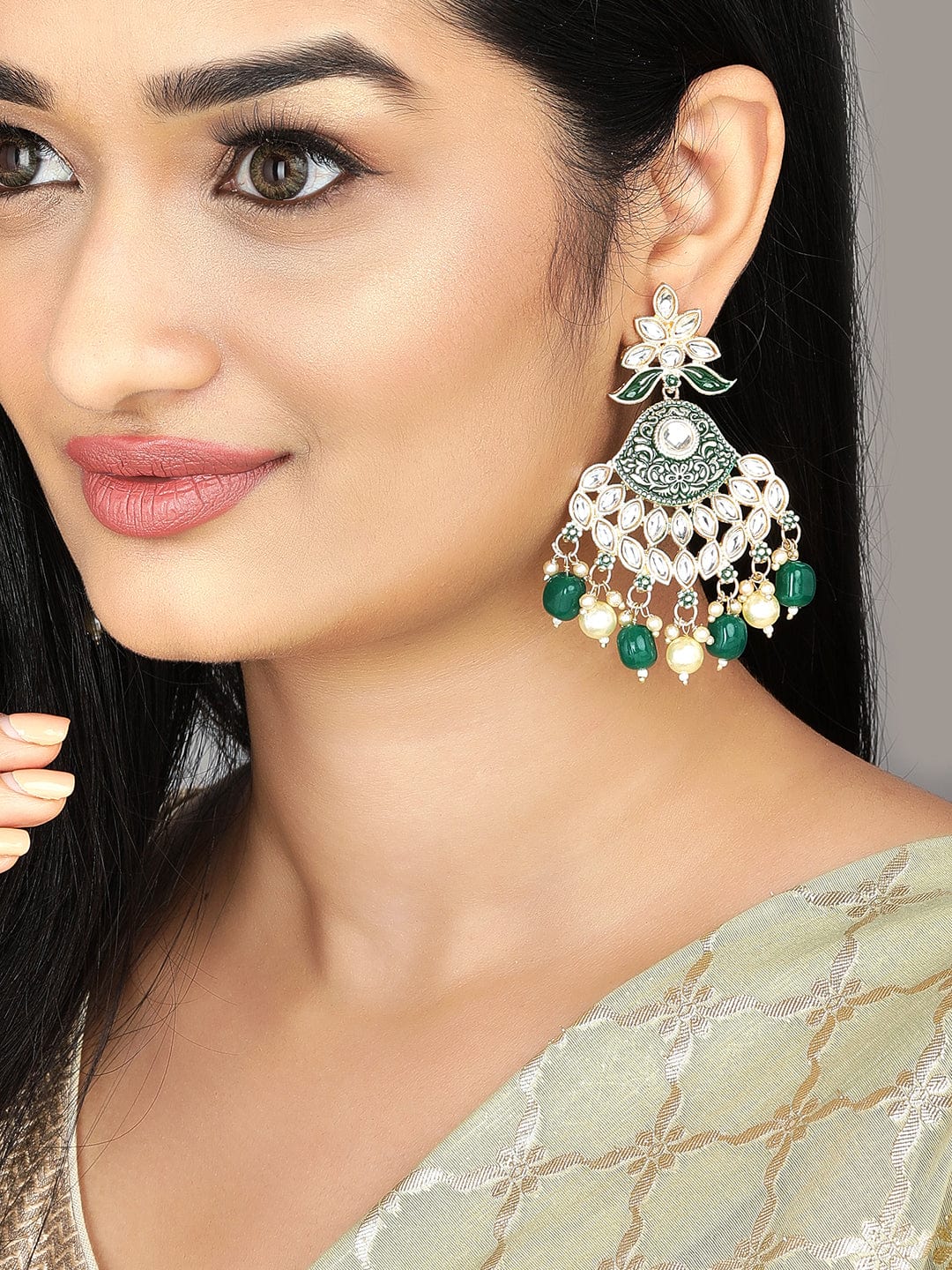 22K Gold-Plated Green & White Pearl Kundan Studded & Beaded Chandelier Earrings Chandbalis