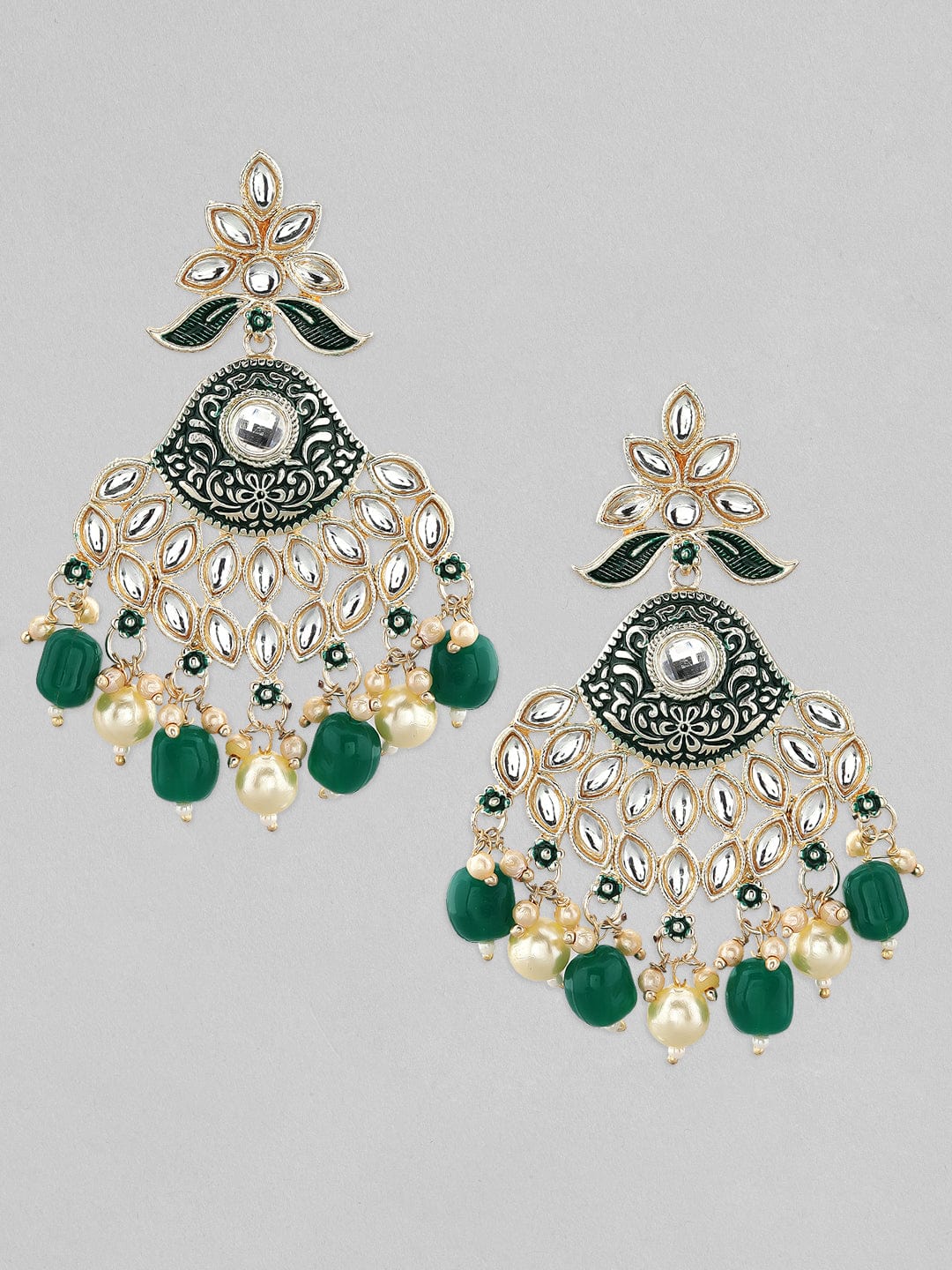 22K Gold-Plated Green & White Pearl Kundan Studded & Beaded Chandelier Earrings Chandbalis