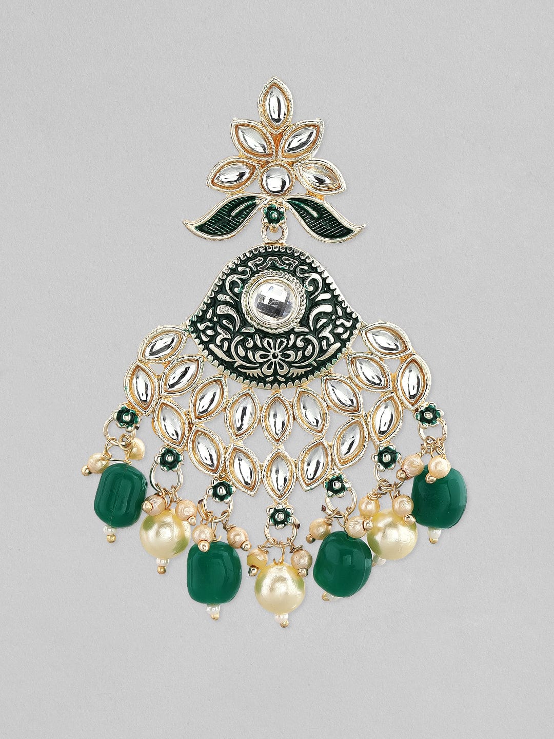 22K Gold-Plated Green & White Pearl Kundan Studded & Beaded Chandelier Earrings Chandbalis