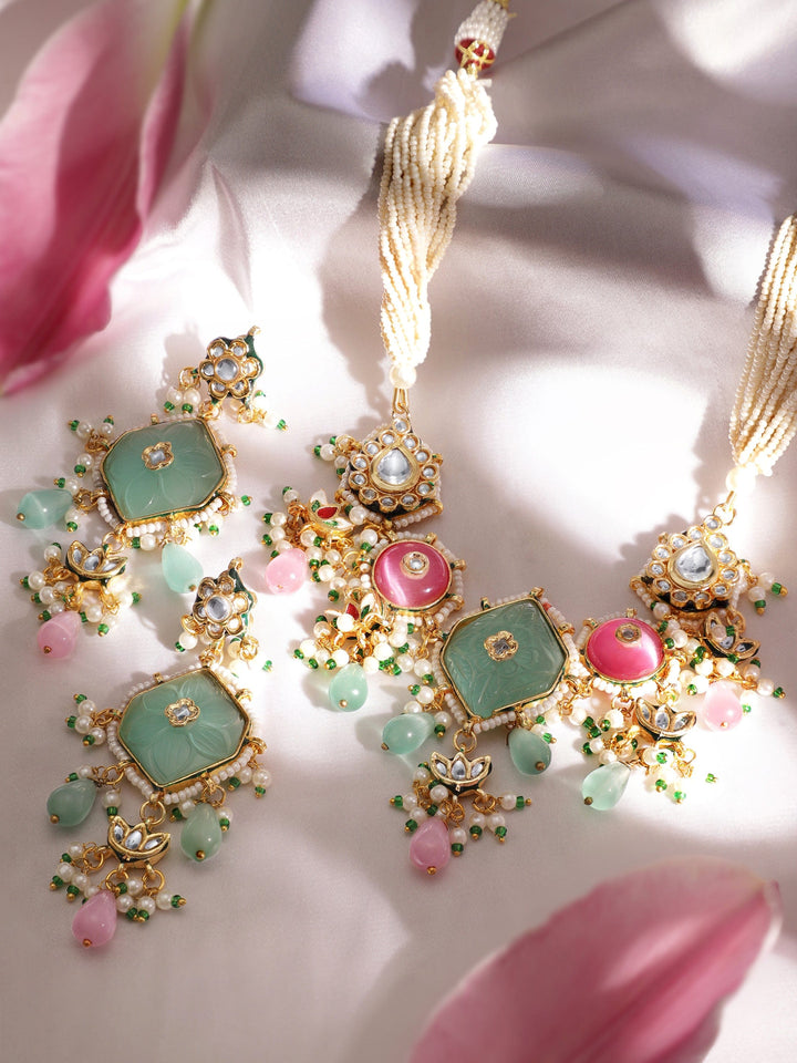 22K Gold plated Kundan Crystal Pastel gem beaded statement Regal Choker Necklace Set Jewellery Sets