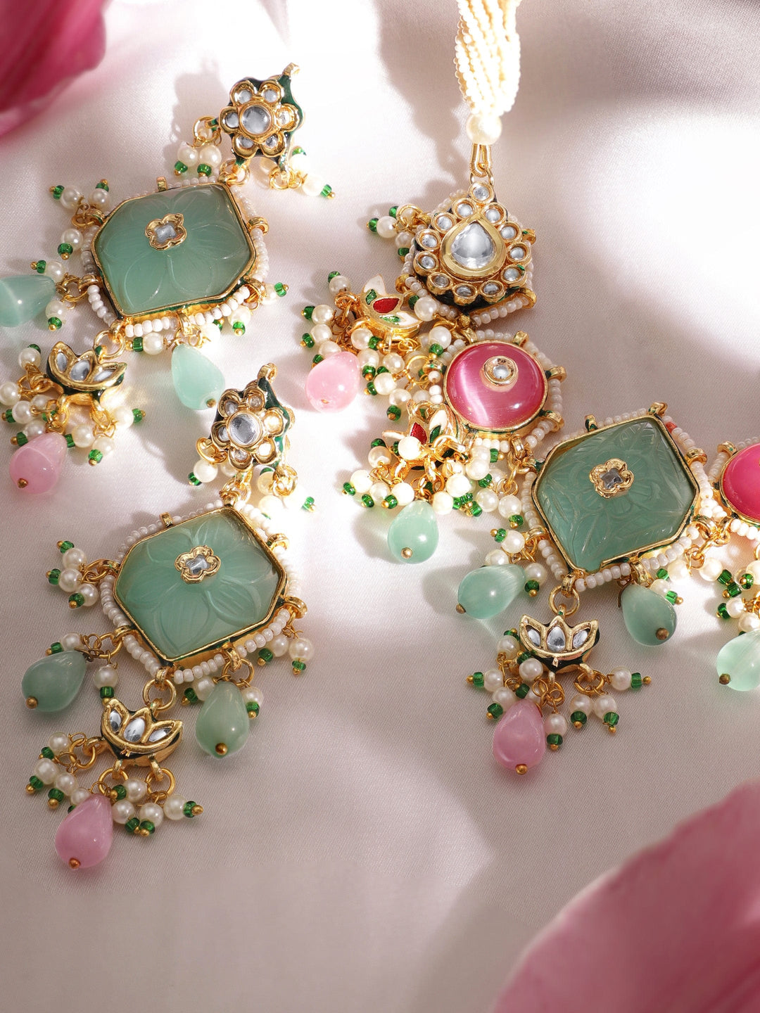 22K Gold plated Kundan Crystal Pastel gem beaded statement Regal Choker Necklace Set Jewellery Sets