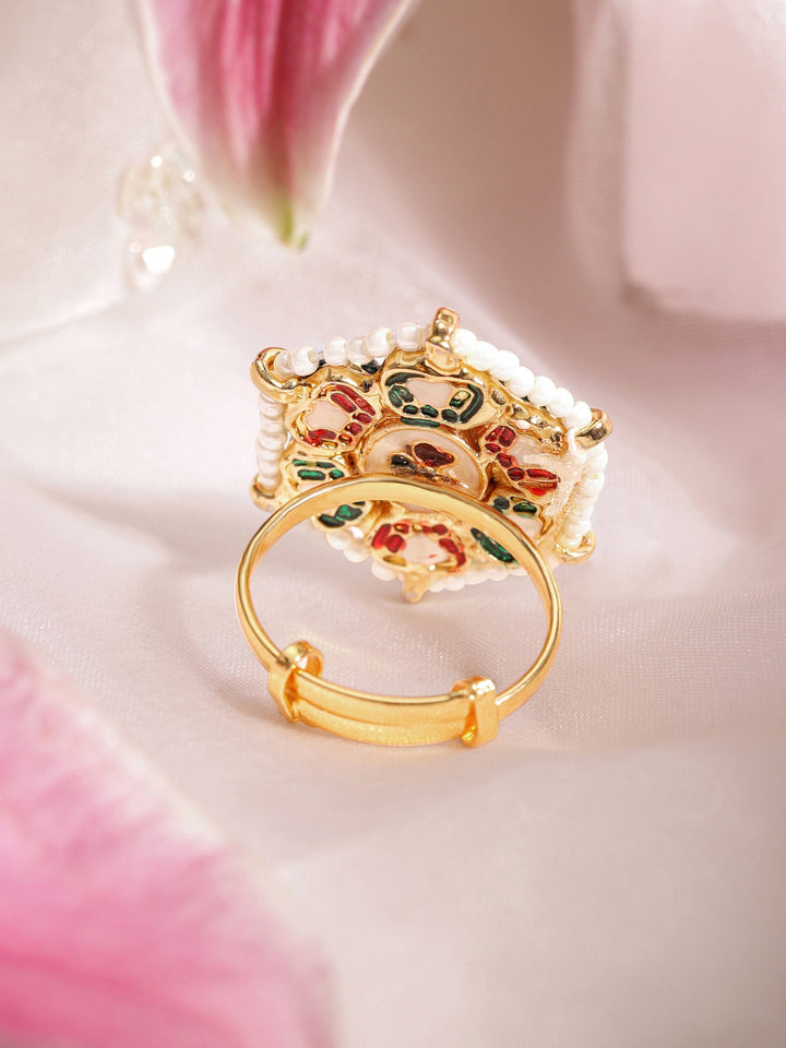 22K Gold plated kundan crystal studded floral pastel pink with pearl regal ring Rings