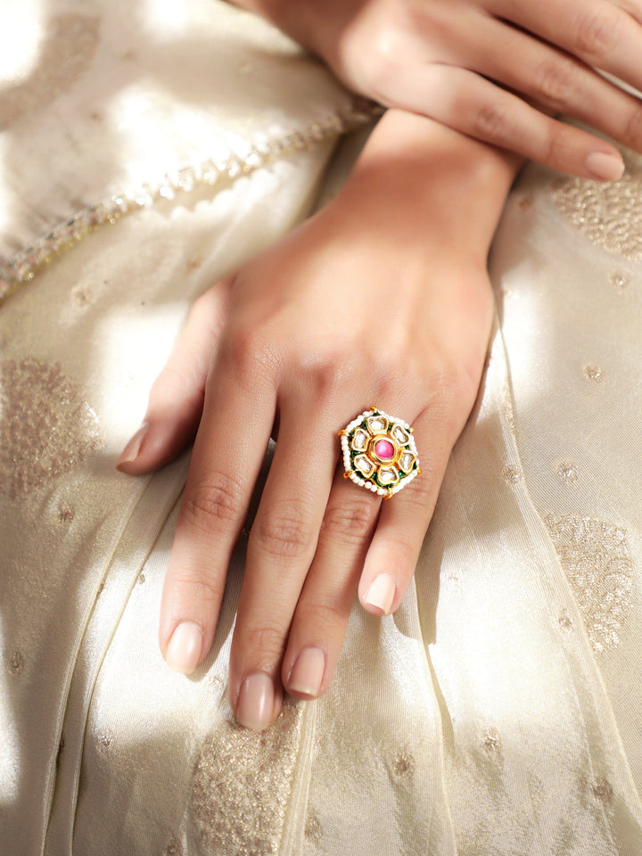 22K Gold plated kundan crystal studded floral pastel pink with pearl regal ring Rings