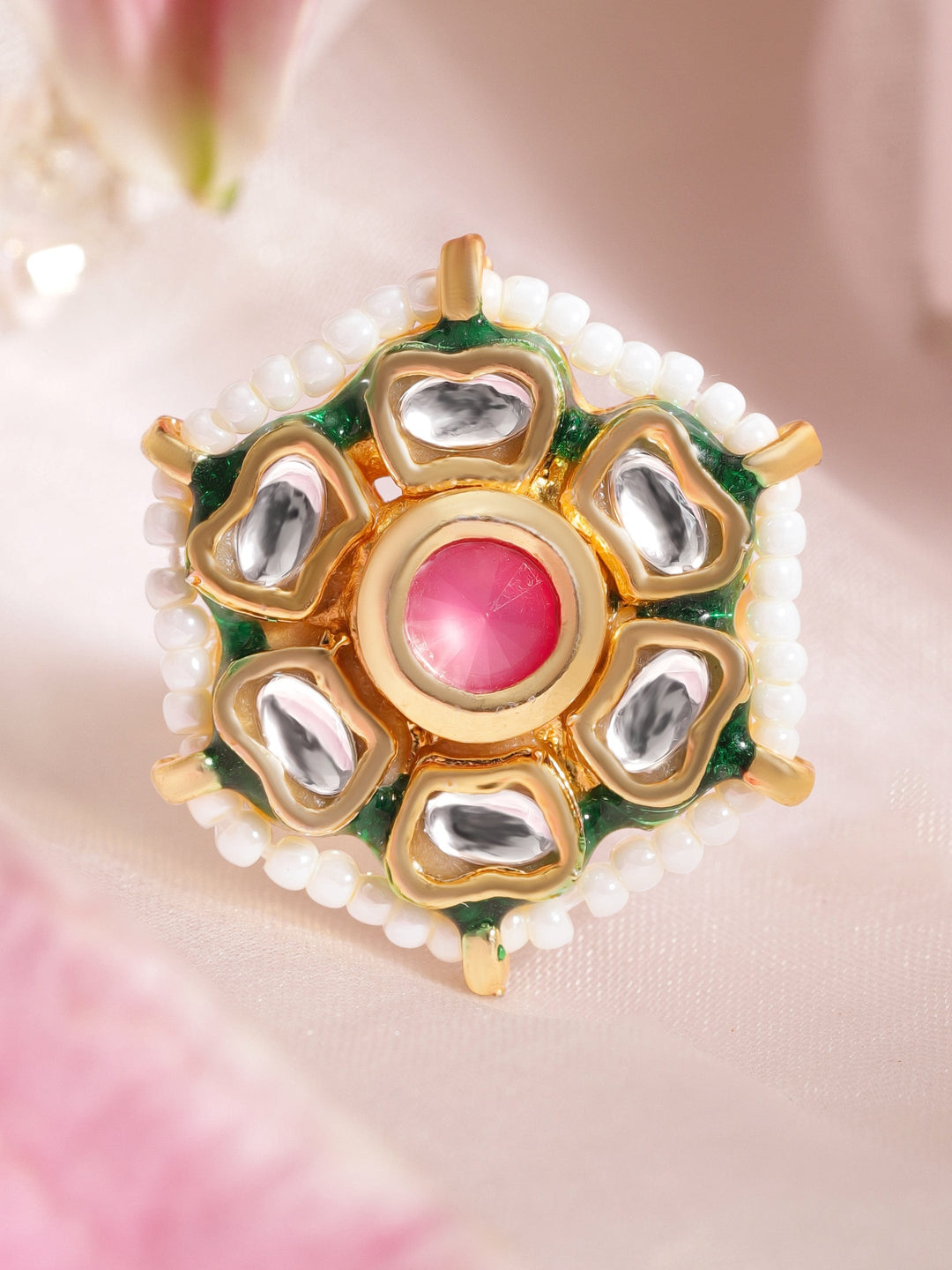 22K Gold plated kundan crystal studded floral pastel pink with pearl regal ring Rings