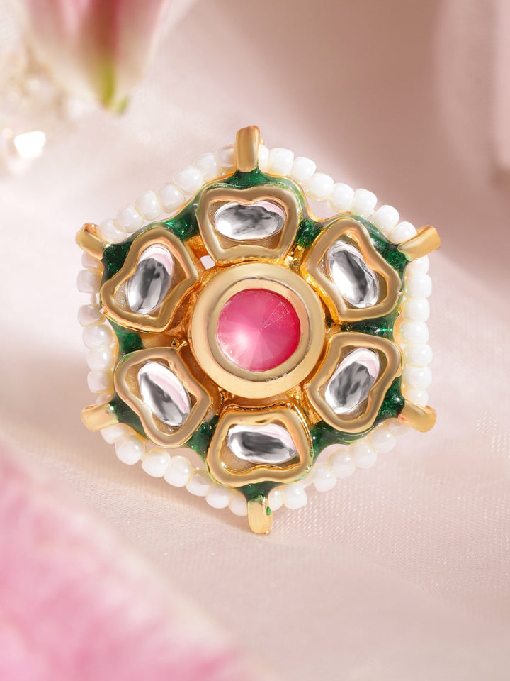 22K Gold plated kundan crystal studded floral pastel pink with pearl regal ring Rings