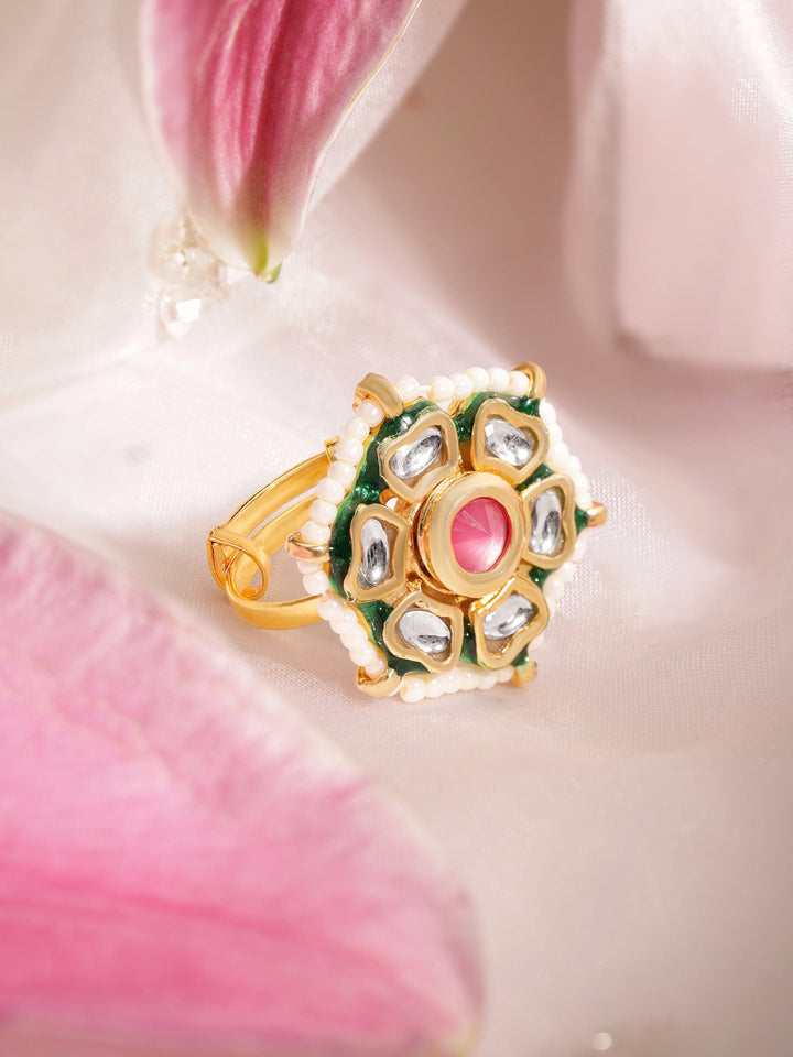 22K Gold plated kundan crystal studded floral pastel pink with pearl regal ring Rings