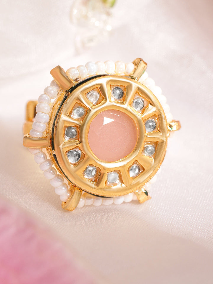 22K Gold plated kundan crystal studded pastel pink with pearl sleek regal ring Rings