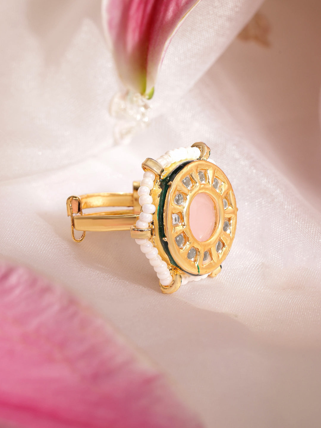 22K Gold plated kundan crystal studded pastel pink with pearl sleek regal ring Rings