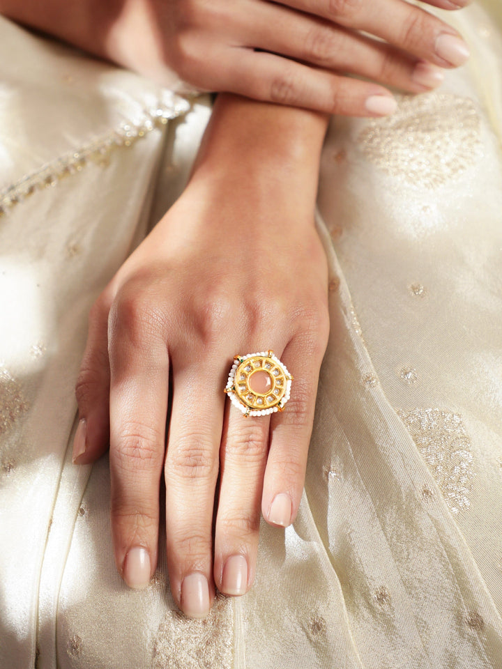 22K Gold plated kundan crystal studded pastel pink with pearl sleek regal ring Rings