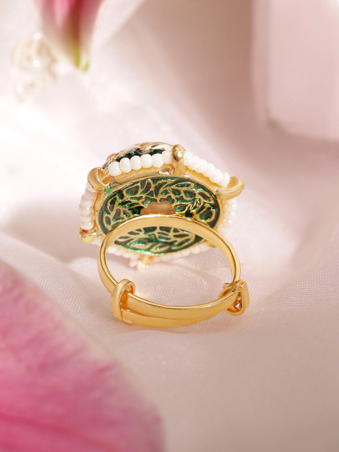 22K Gold plated kundan crystal studded pearl detailed regal sleek ring Rings