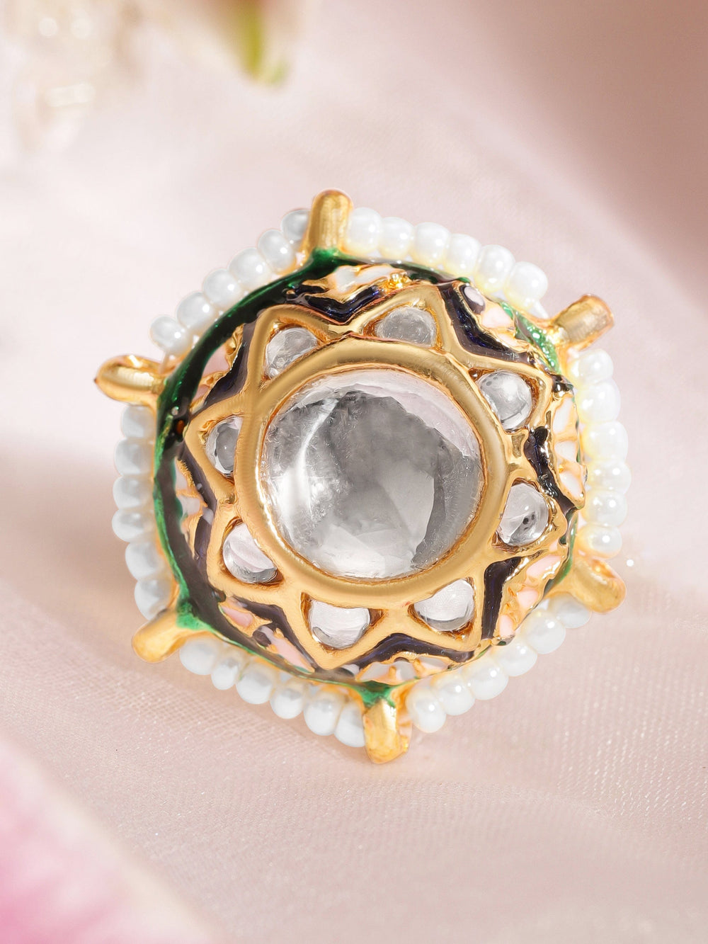 22K Gold plated kundan crystal studded pearl detailed regal sleek ring Rings