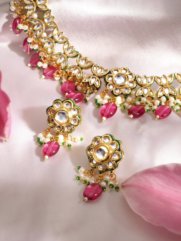 22K Gold plated Kundan crystal studded pearls and purple Gem Beads floral Regal Necklace Set Jewellery Sets