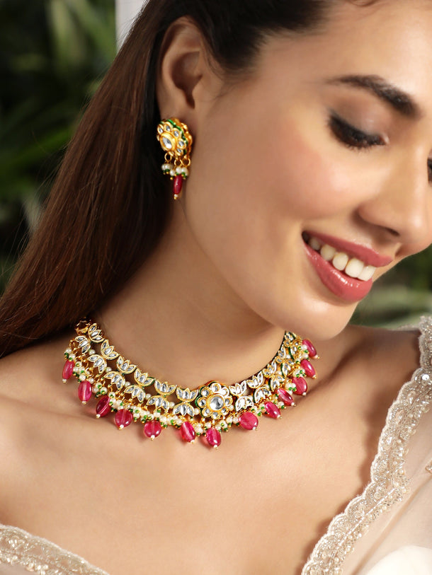 22K Gold plated Kundan crystal studded pearls and purple Gem Beads floral Regal Necklace Set Jewellery Sets